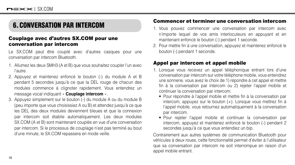 Conversation par intercom, Commencer et terminer une conversation intercom, Appel par intercom et appel mobile | NEXX Helmets SX.COM User Manual | Page 97 / 162