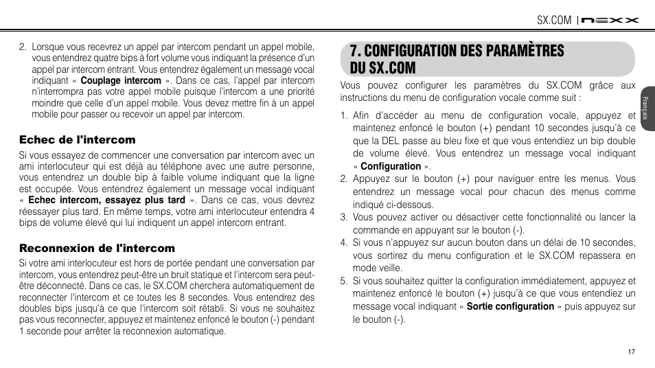 Echec de l'intercom, Reconnexion de l'intercom, Configuration des paramètres du smh3 | NEXX Helmets SX.COM User Manual | Page 98 / 162