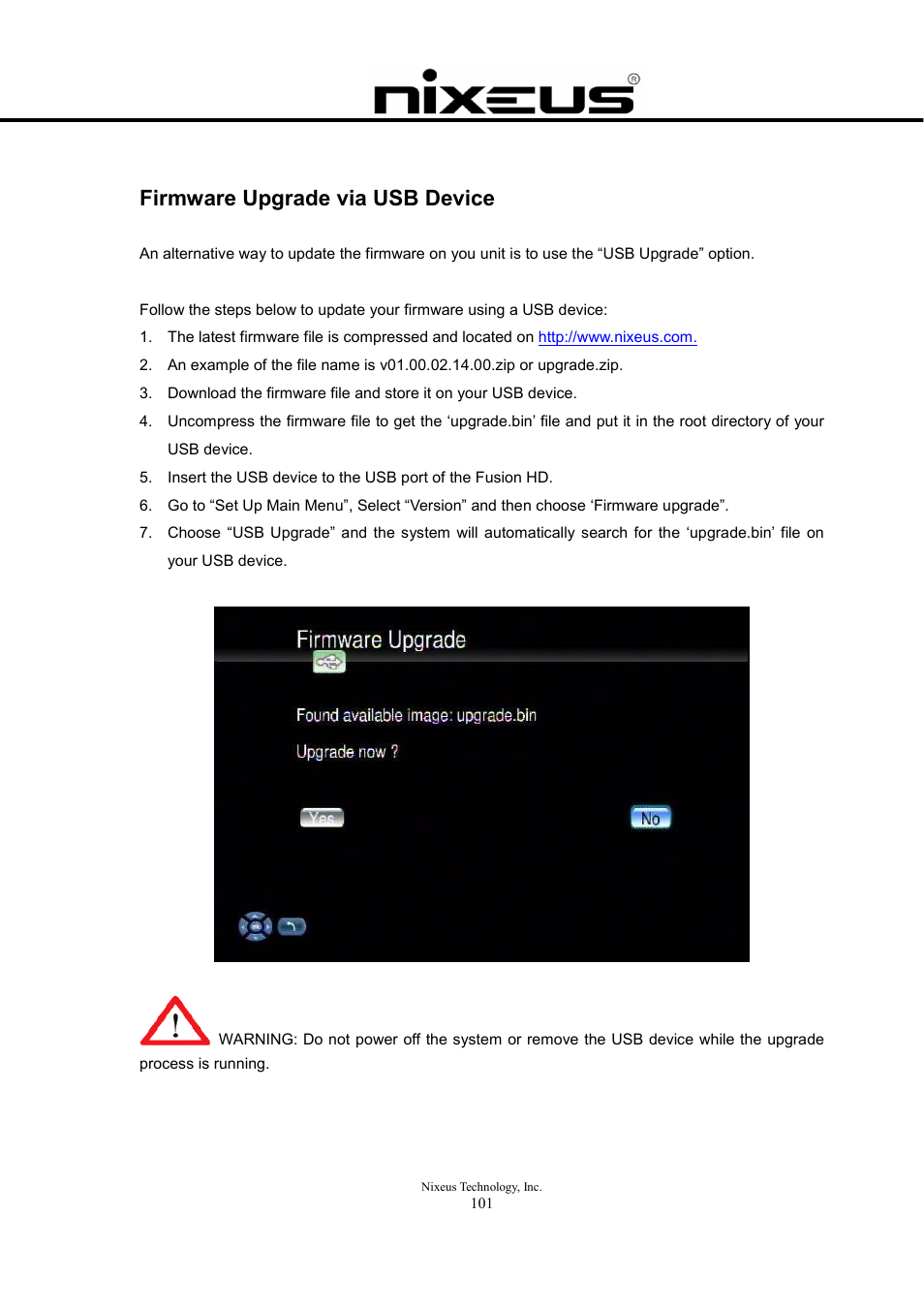 Firmware upgrade via usb device | Nixeus Fusion HD User Manual User Manual | Page 101 / 128