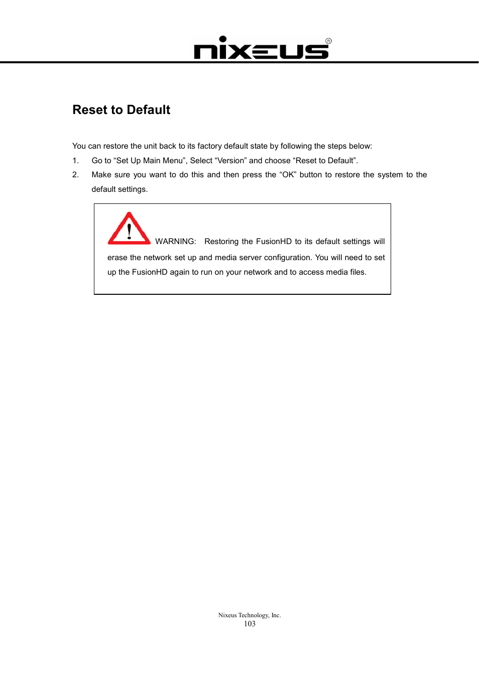 Reset to default | Nixeus Fusion HD User Manual User Manual | Page 103 / 128