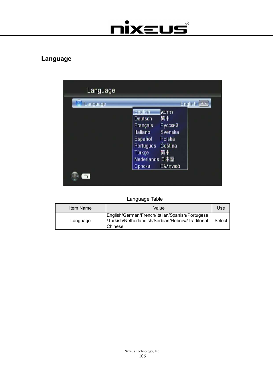 Language | Nixeus Fusion HD User Manual User Manual | Page 106 / 128