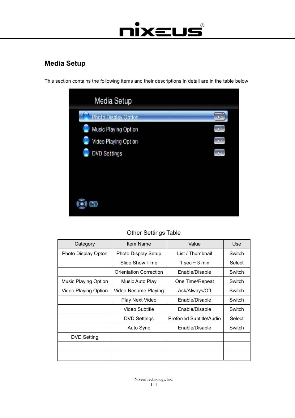 Media setup, Other settings table | Nixeus Fusion HD User Manual User Manual | Page 111 / 128