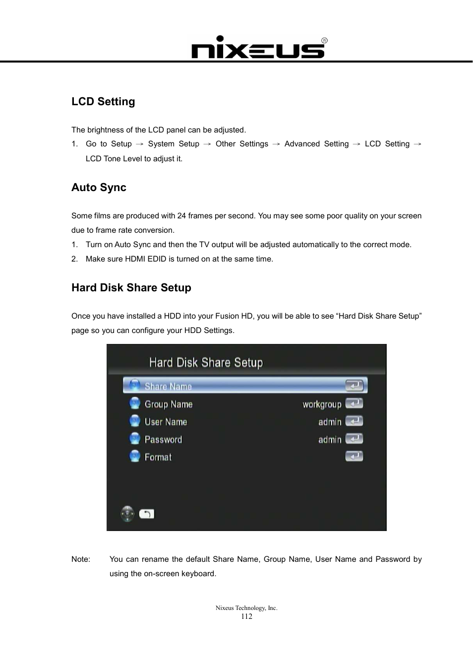 Lcd setting, Auto sync, Hard disk share setup | Nixeus Fusion HD User Manual User Manual | Page 112 / 128