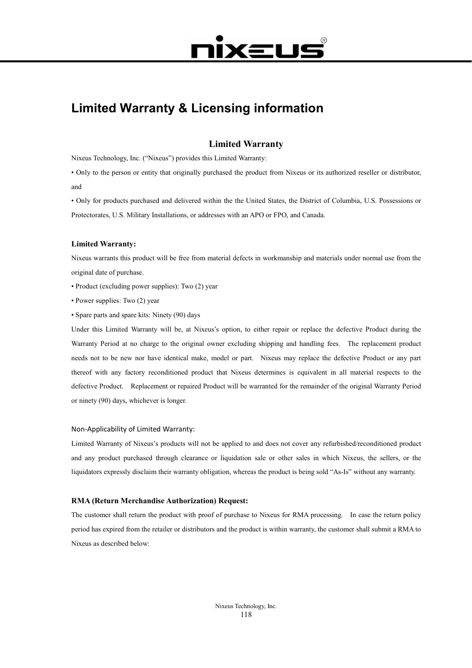 Limited warranty & licensing information, Limited warranty | Nixeus Fusion HD User Manual User Manual | Page 118 / 128