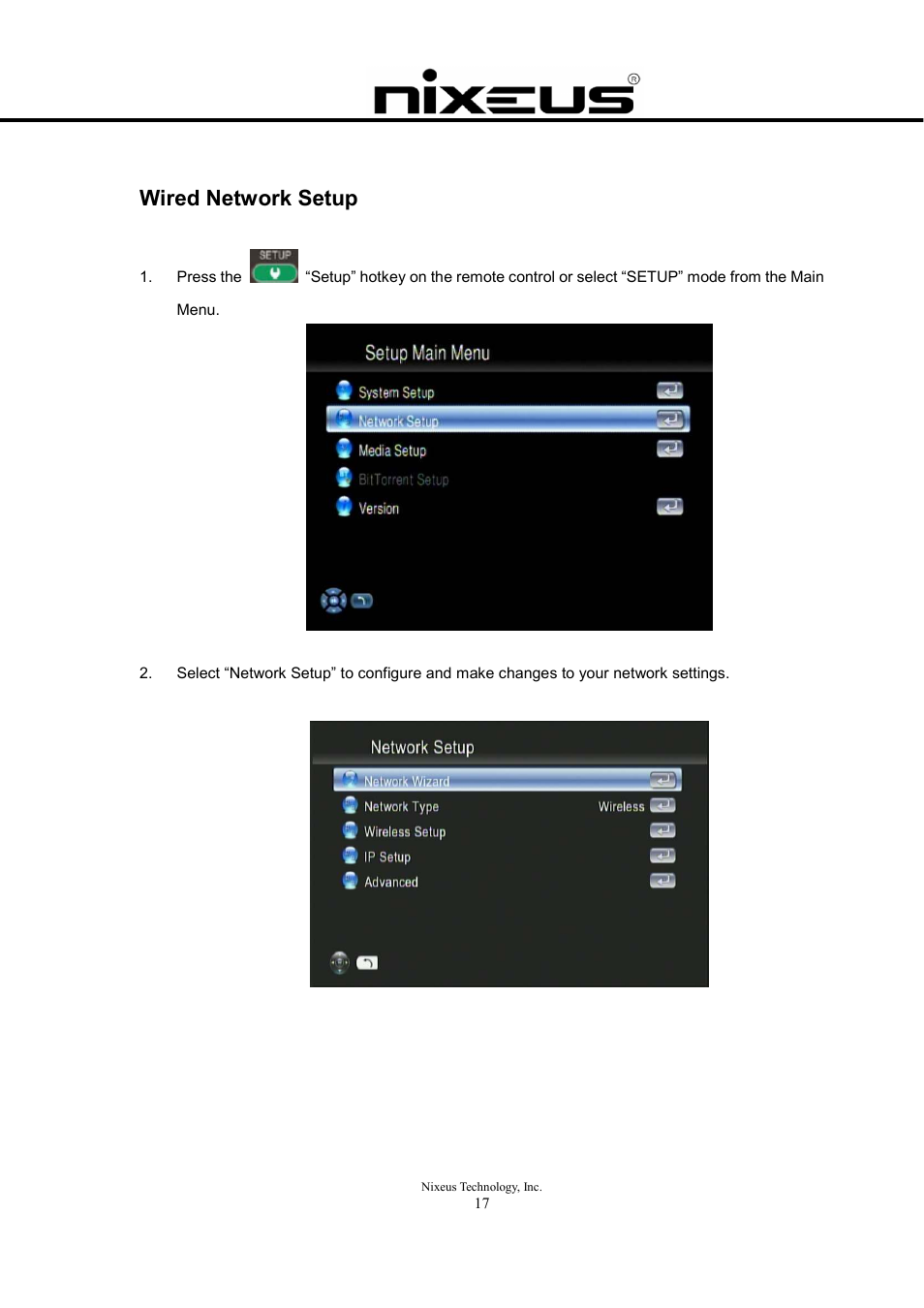 Wired network setup | Nixeus Fusion HD User Manual User Manual | Page 17 / 128