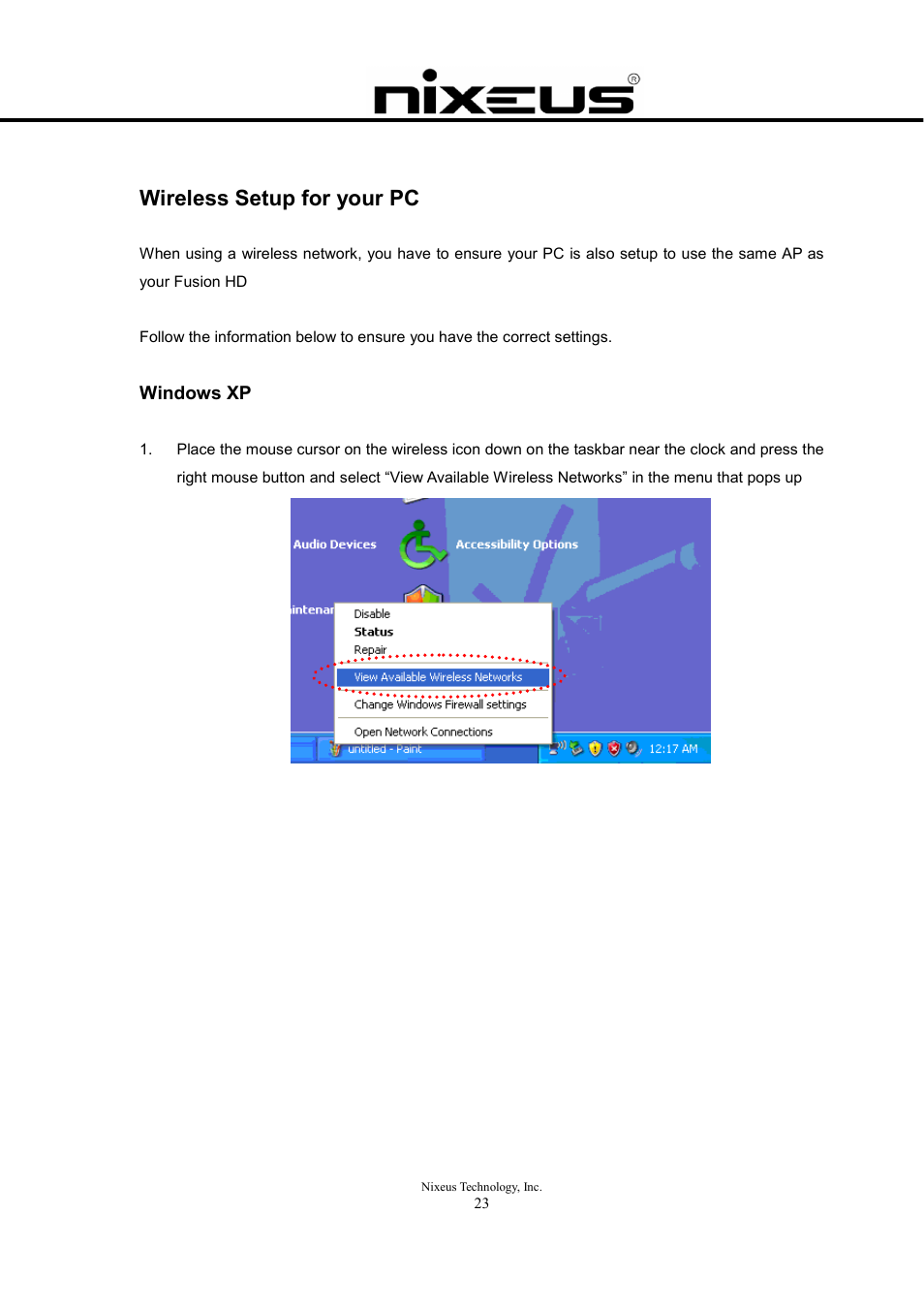 Wireless setup for your pc, Windows xp | Nixeus Fusion HD User Manual User Manual | Page 23 / 128