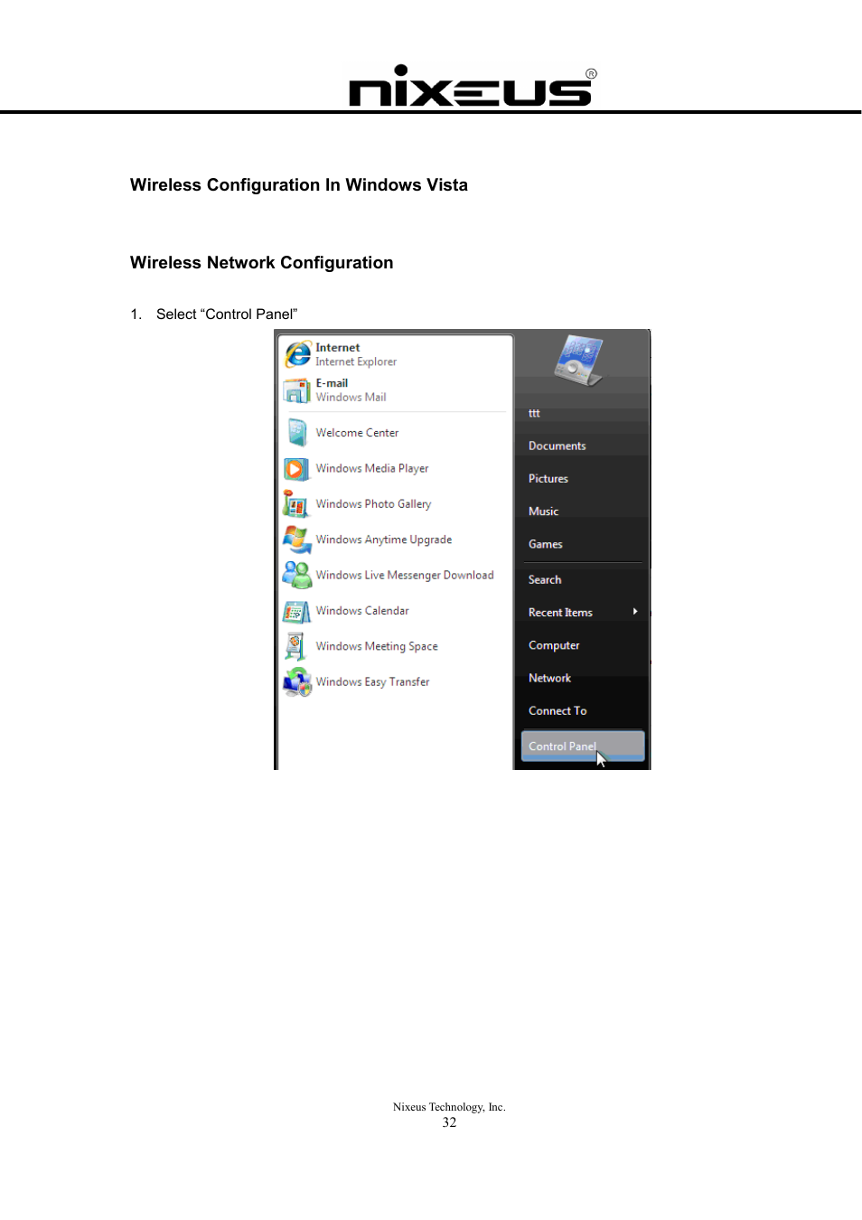 Wireless configuration in windows vista, Wireless network configuration | Nixeus Fusion HD User Manual User Manual | Page 32 / 128