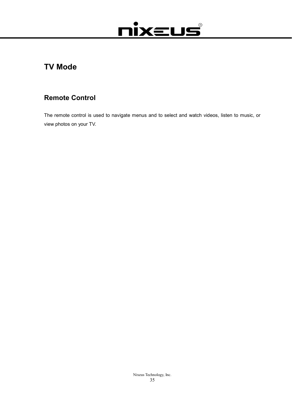 Tv mode, Remote control | Nixeus Fusion HD User Manual User Manual | Page 35 / 128