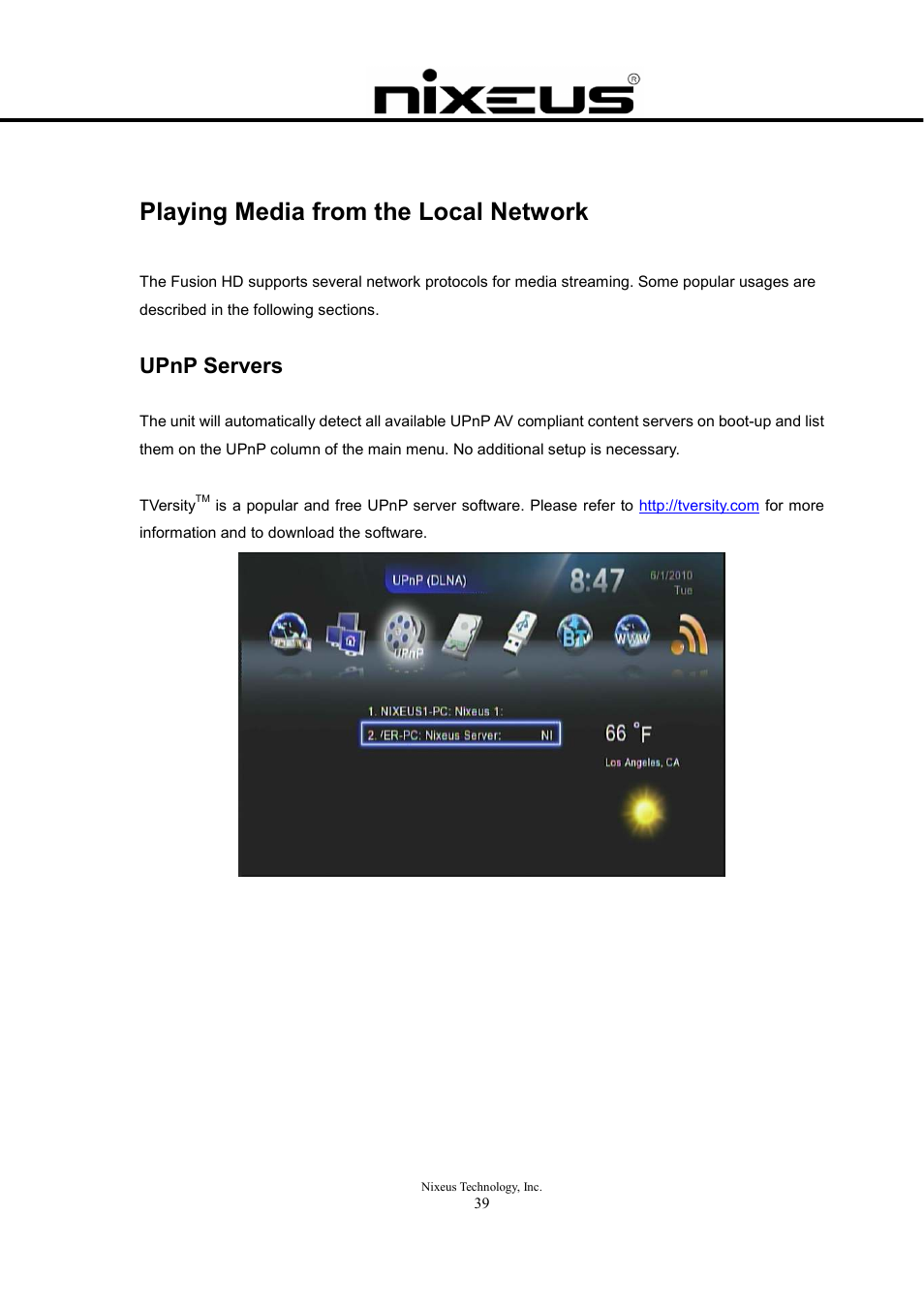 Playing media from the local network, Upnp servers | Nixeus Fusion HD User Manual User Manual | Page 39 / 128