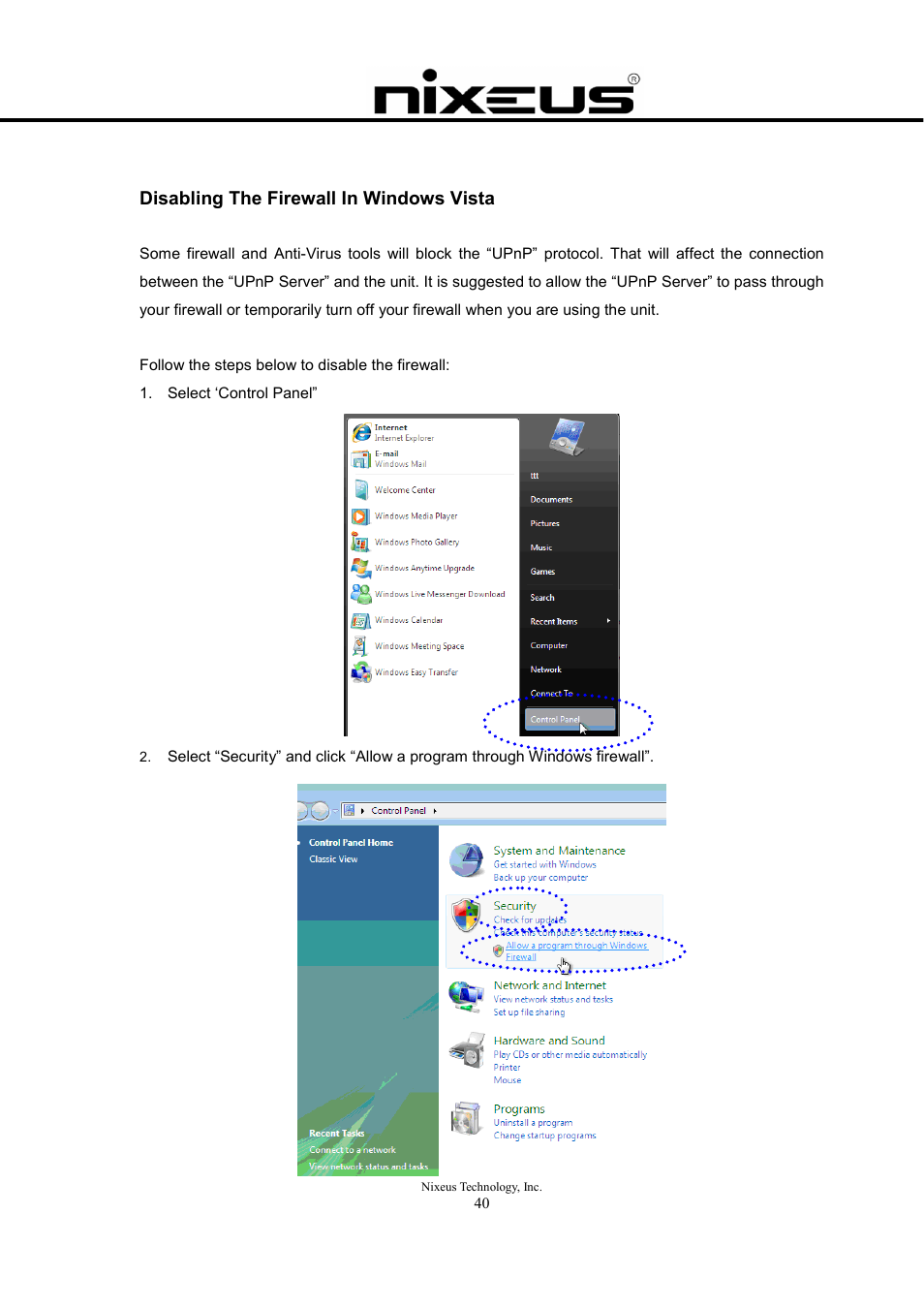 Disabling the firewall in windows vista | Nixeus Fusion HD User Manual User Manual | Page 40 / 128