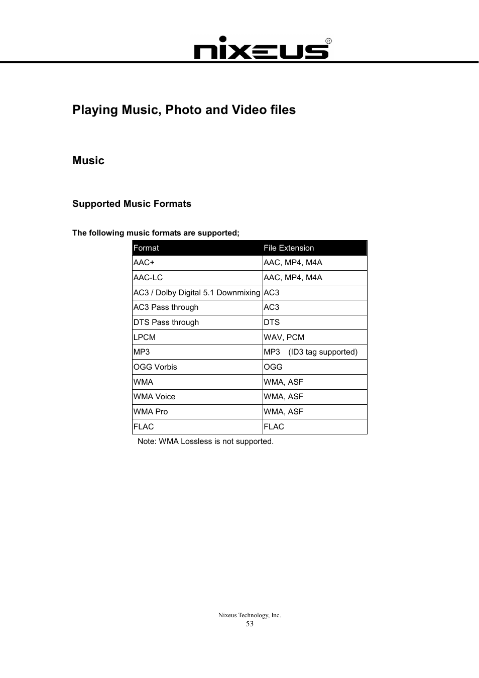 Playing music, photo and video files, Music, Supported music formats | Nixeus Fusion HD User Manual User Manual | Page 53 / 128