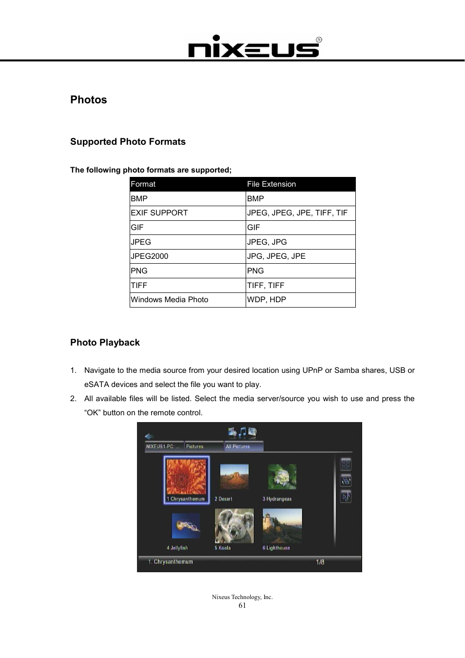 Photos, Supported photo formats, Photo playback | Nixeus Fusion HD User Manual User Manual | Page 61 / 128