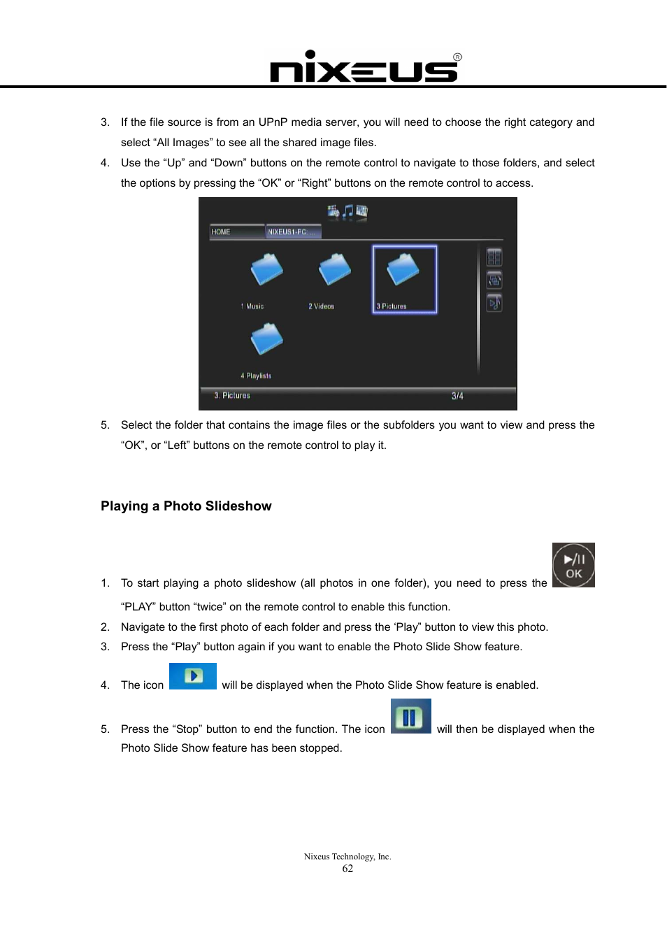 Playing a photo slideshow | Nixeus Fusion HD User Manual User Manual | Page 62 / 128