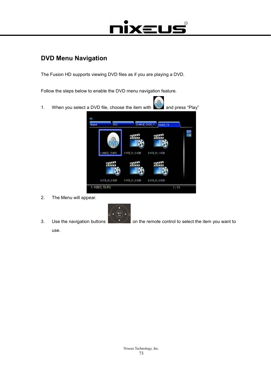 Dvd menu navigation | Nixeus Fusion HD User Manual User Manual | Page 73 / 128