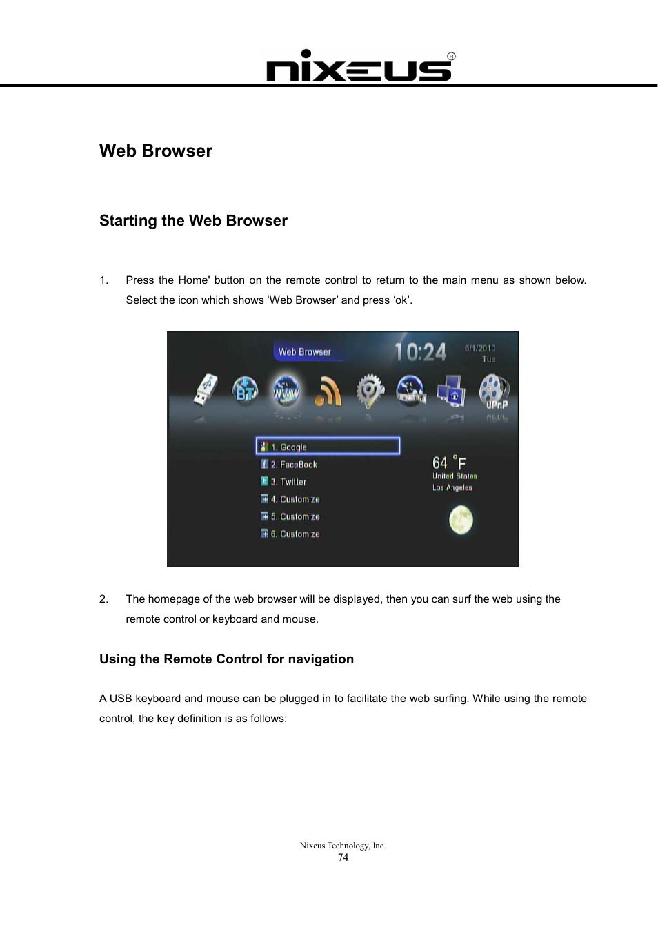 Web browser, Starting the web browser | Nixeus Fusion HD User Manual User Manual | Page 74 / 128