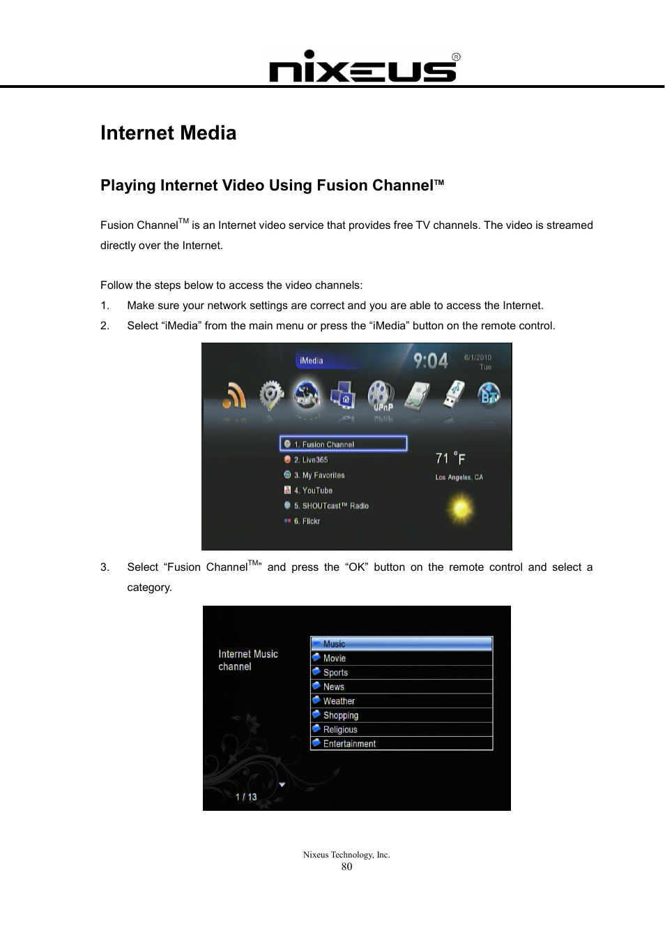 Internet media, Playing internet video using fusion channel | Nixeus Fusion HD User Manual User Manual | Page 80 / 128