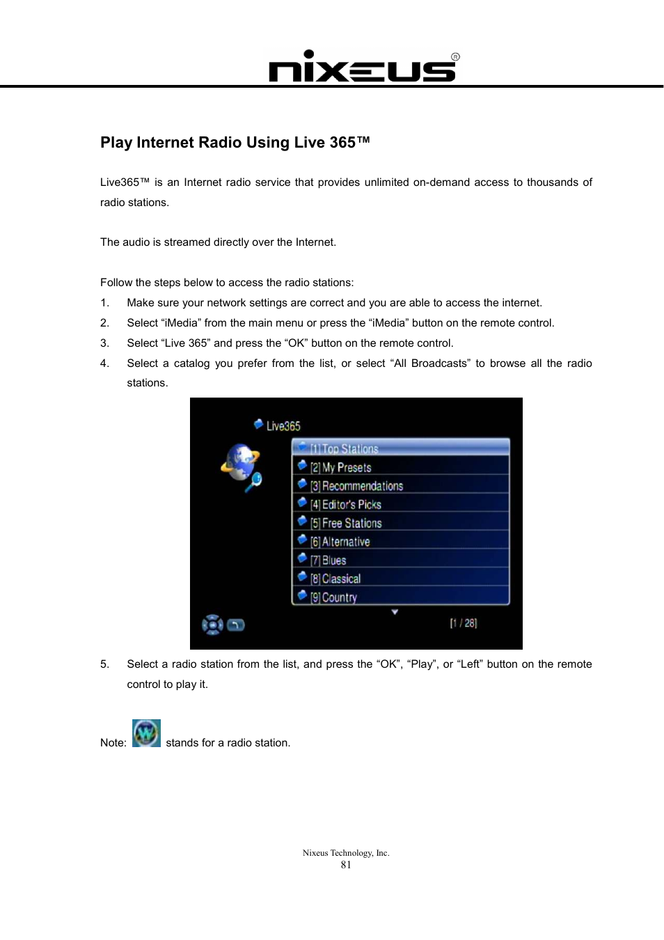 Play internet radio using live 365 | Nixeus Fusion HD User Manual User Manual | Page 81 / 128