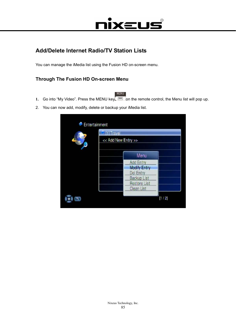 Add/delete internet radio/tv station lists | Nixeus Fusion HD User Manual User Manual | Page 85 / 128