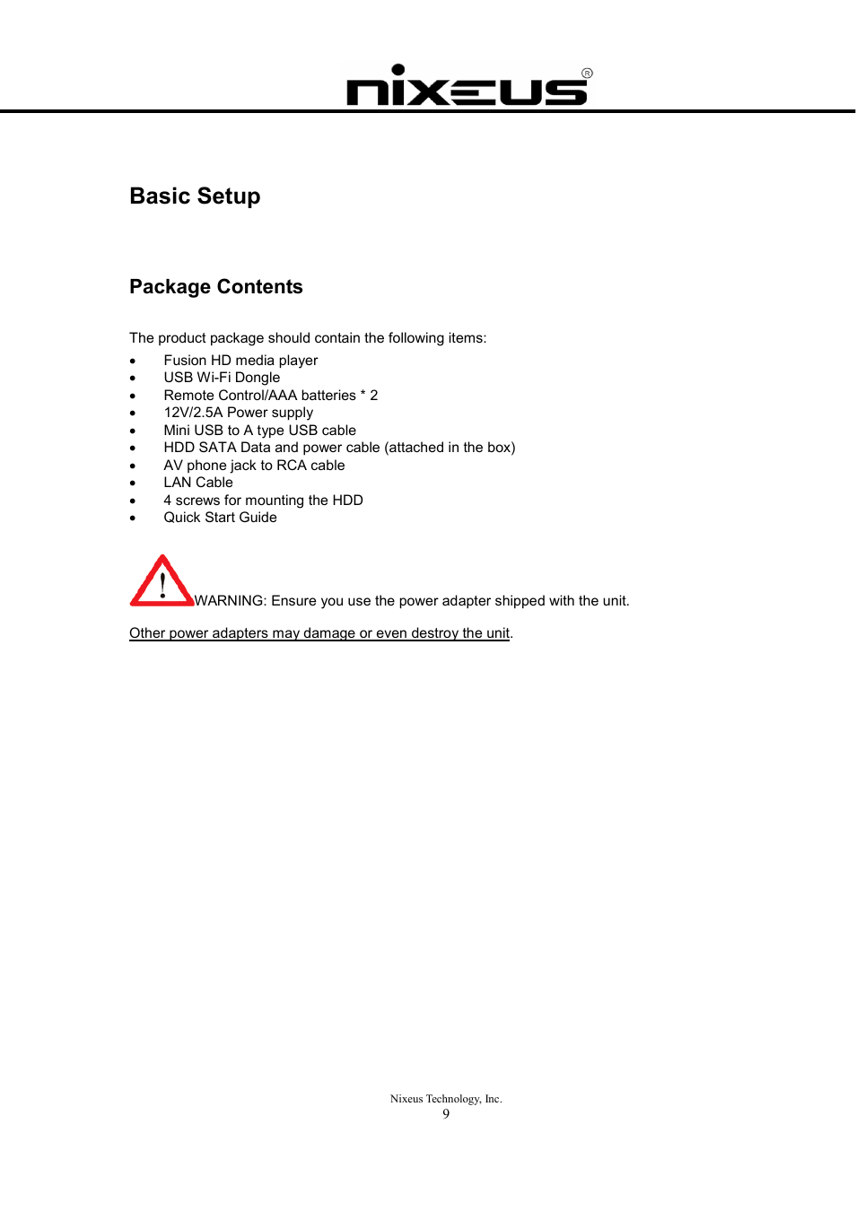 Basic setup, Package contents | Nixeus Fusion HD User Manual User Manual | Page 9 / 128