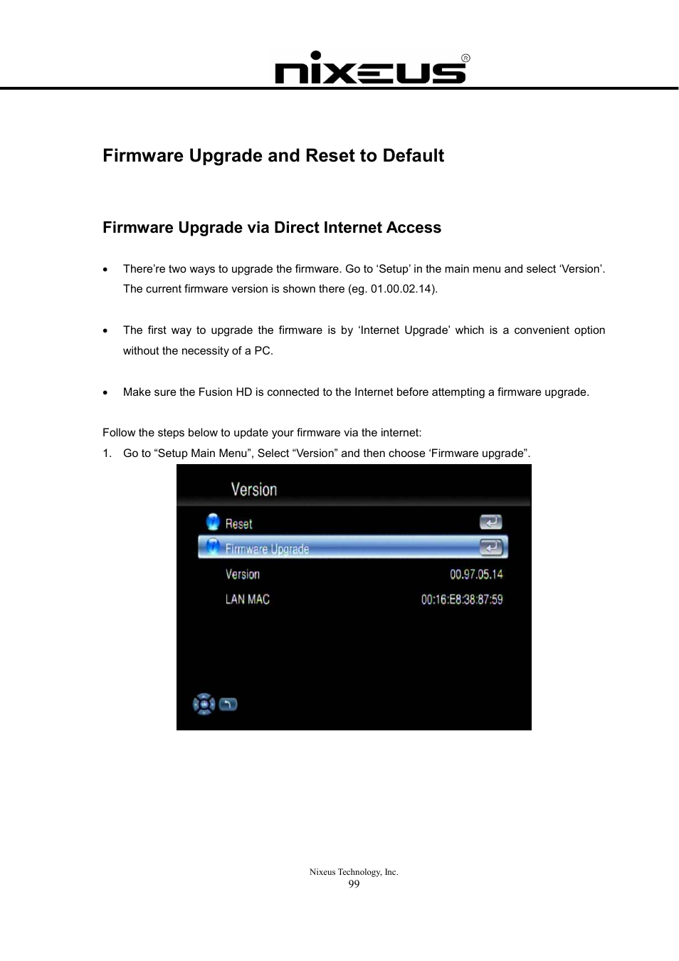 Firmware upgrade and reset to default, Firmware upgrade via direct internet access | Nixeus Fusion HD User Manual User Manual | Page 99 / 128