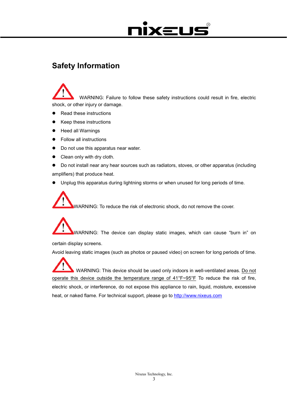 Safety information | Nixeus Fusion HD Quick Start User Manual | Page 3 / 30