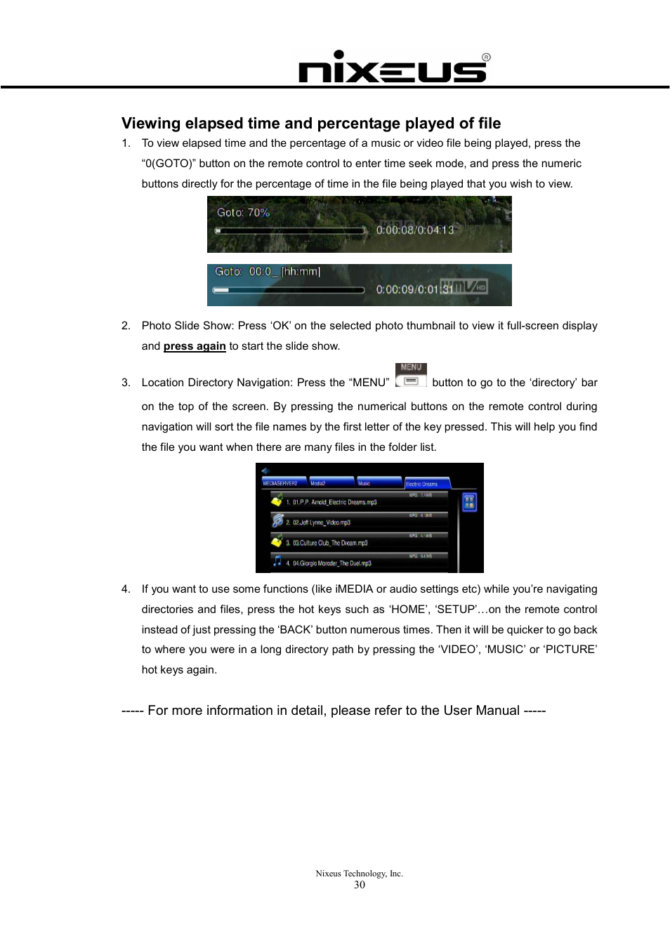 Viewing elapsed time and percentage played of file | Nixeus Fusion HD Quick Start User Manual | Page 30 / 30