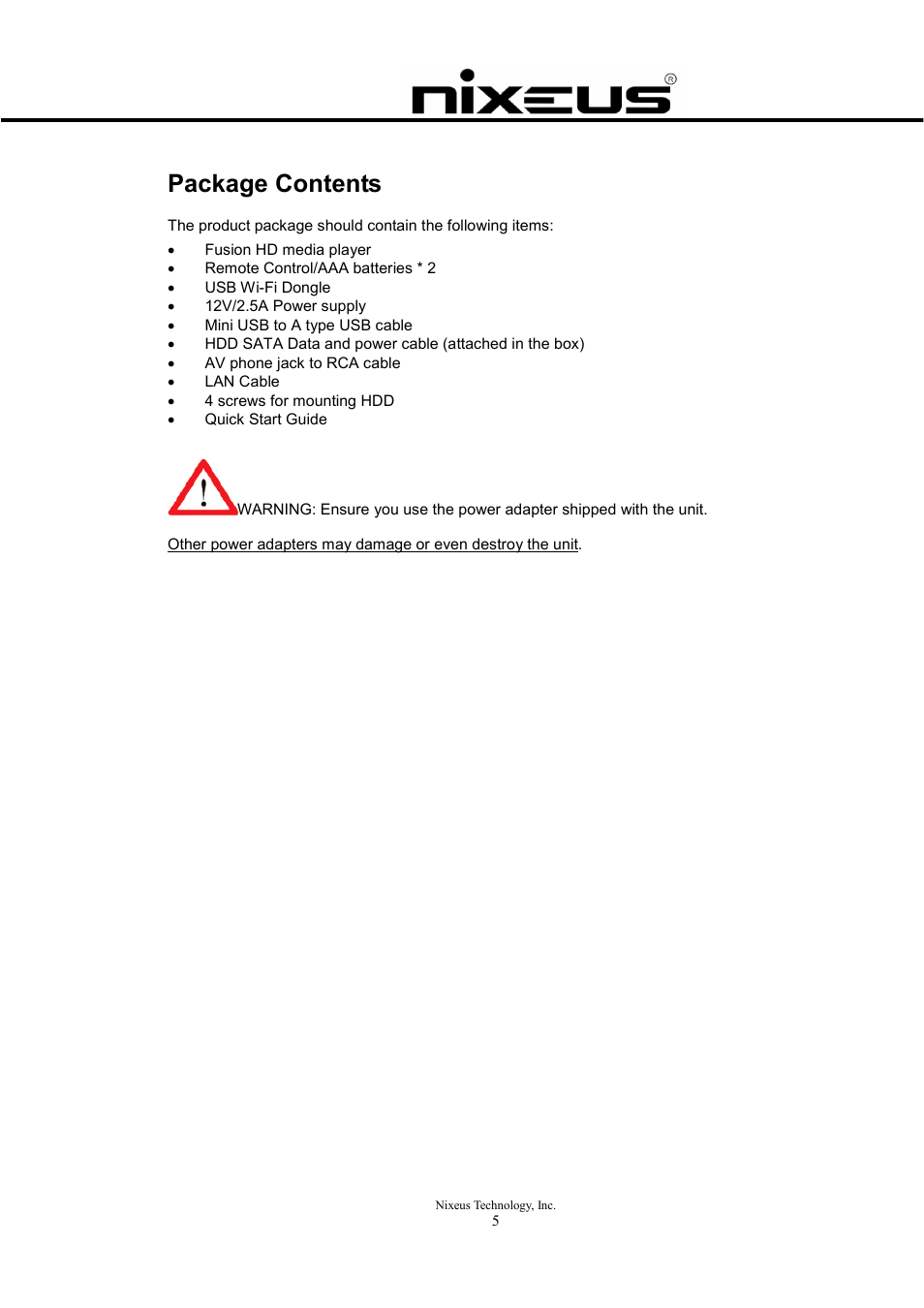 Package contents | Nixeus Fusion HD Quick Start User Manual | Page 5 / 30
