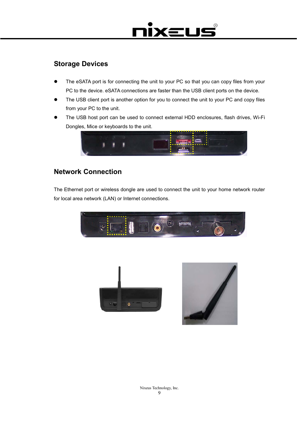 Storage devices, Network connection | Nixeus Fusion HD Quick Start User Manual | Page 9 / 30