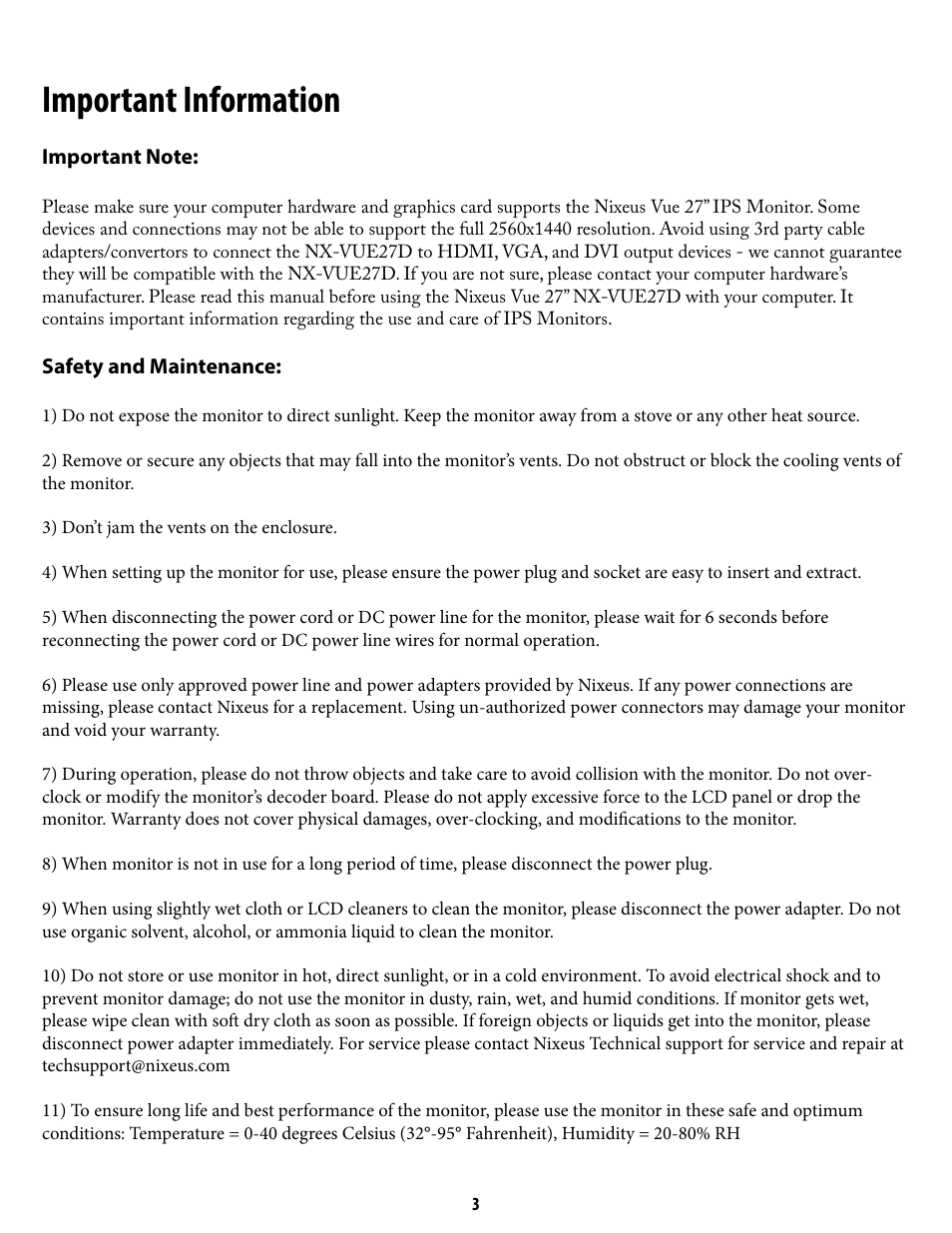 Important information | Nixeus NX-VUE27D User Manual | Page 3 / 11