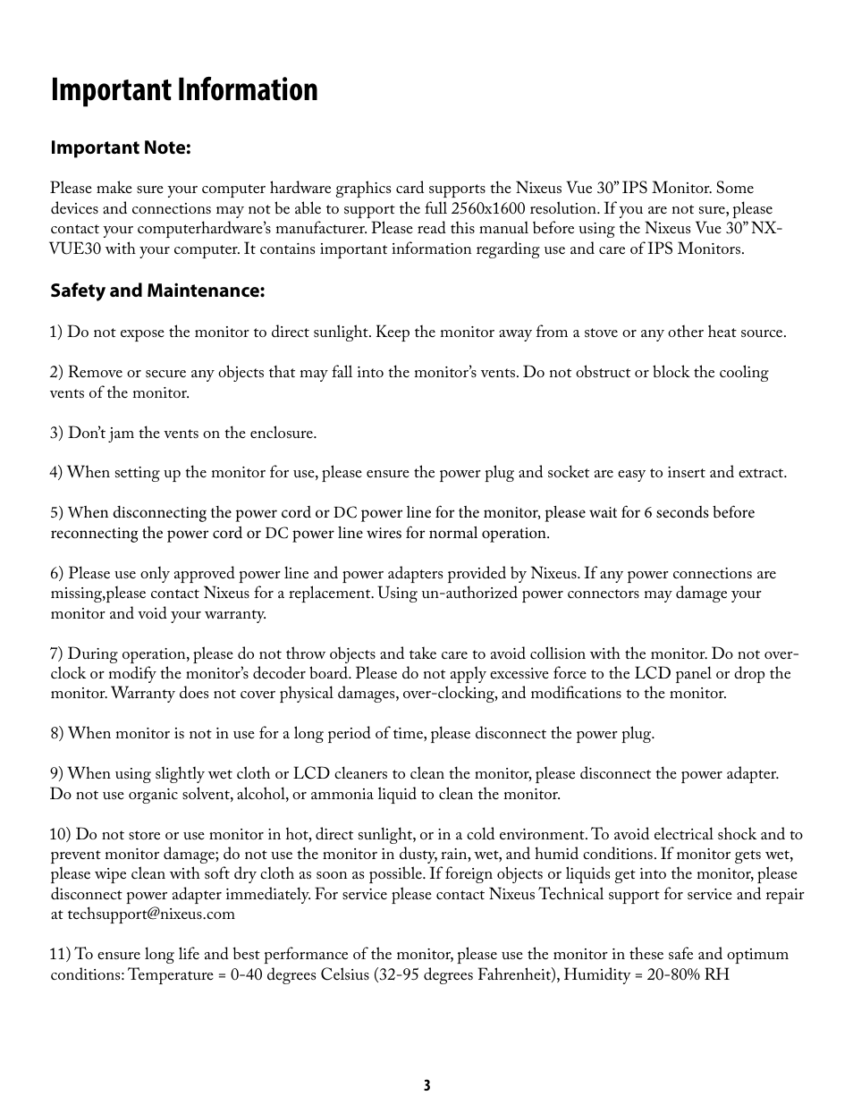 Important information | Nixeus NX-VUE30 User Manual | Page 3 / 23