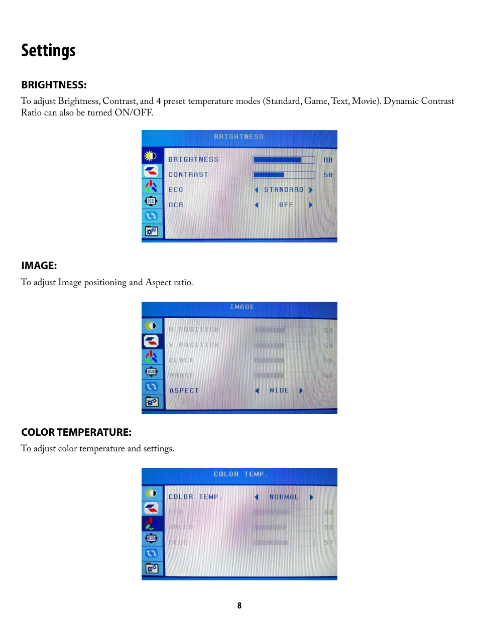 Settings | Nixeus NX-VUE27 User Manual | Page 8 / 12