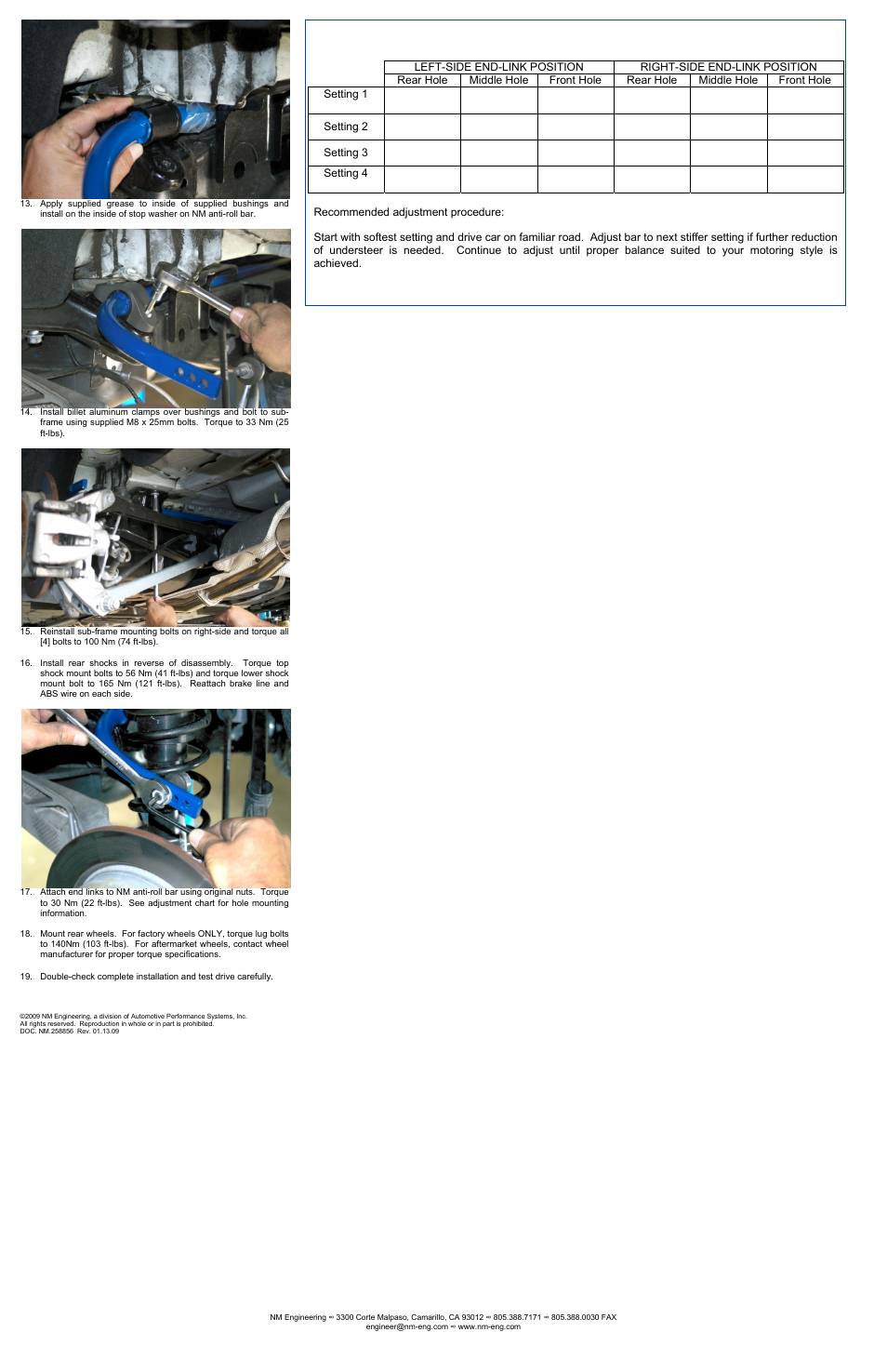 Sway bar adjustment chart | NM Engineering 258856 User Manual | Page 2 / 2