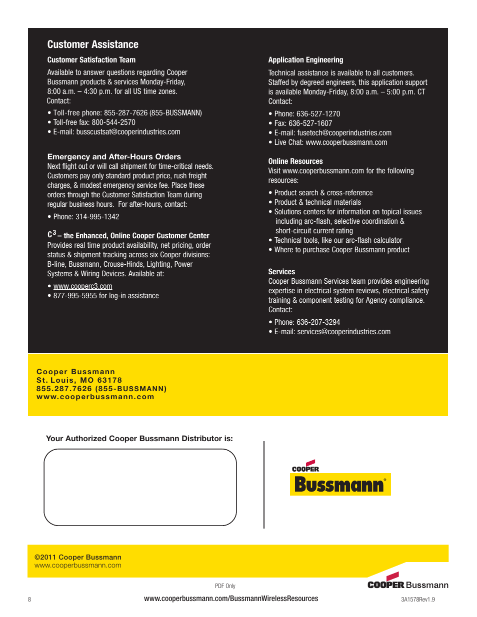 Customer assistance | Cooper Bussmann BU-905U-L-R User Manual | Page 8 / 8