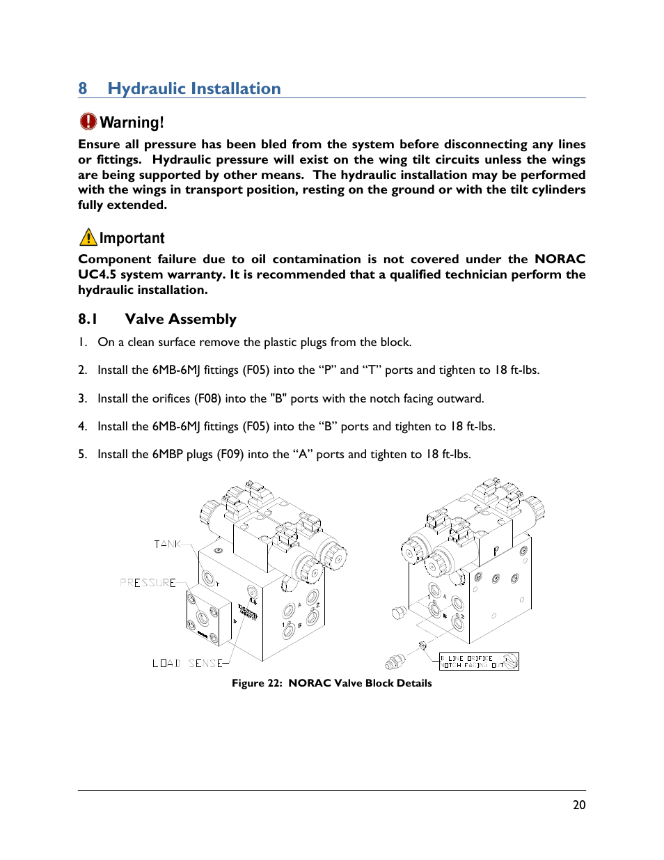 8 hydraulic installation, 1 valve assembly | NORAC UC4.5-BC-AP3 User Manual | Page 23 / 35