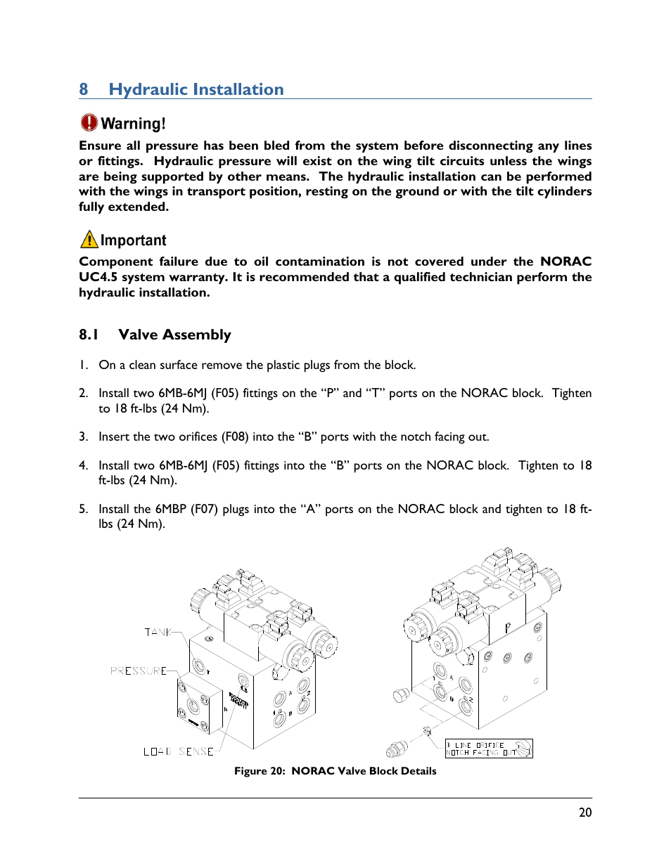 8 hydraulic installation, 1 valve assembly | NORAC UC4.5-BC-CS2 User Manual | Page 23 / 35