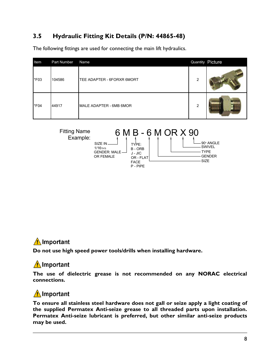 5 hydraulic fitting kit details (p/n: 44865-48), 6 m b - 6 m or x 90 | NORAC UC4.5-BC-CS5 User Manual | Page 11 / 42