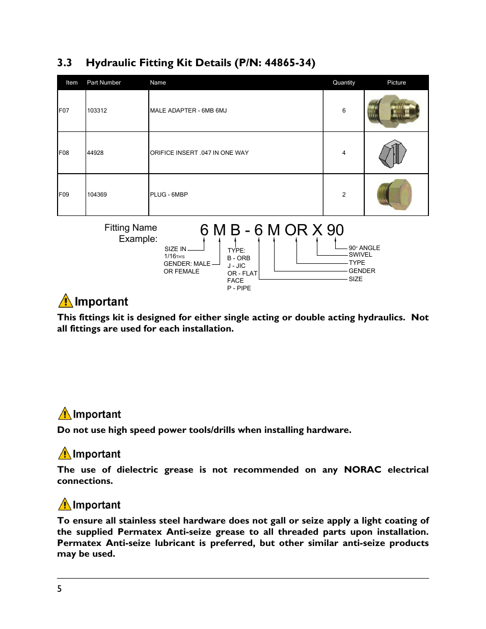 3 hydraulic fitting kit details (p/n: 44865-34), 6 m b - 6 m or x 90 | NORAC UC4.5-BC-EU1 User Manual | Page 8 / 42