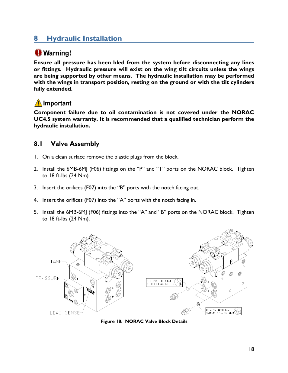 8 hydraulic installation, 1 valve assembly | NORAC UC4.5-BC-FC1 User Manual | Page 21 / 29