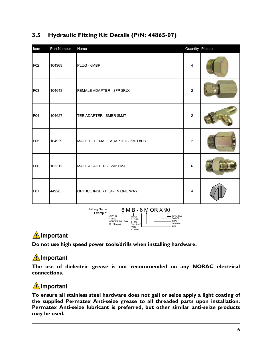 5 hydraulic fitting kit details (p/n: 44865-07), 6 m b - 6 m or x 90 | NORAC UC4.5-BC-FC1 User Manual | Page 9 / 29