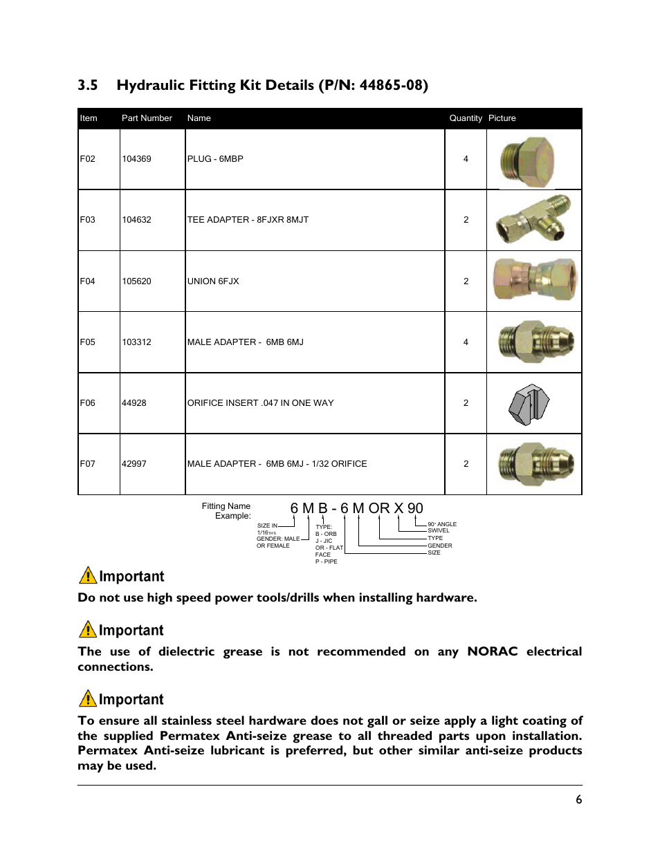 5 hydraulic fitting kit details (p/n: 44865-08), 6 m b - 6 m or x 90 | NORAC UC4.5-BC-FC2 User Manual | Page 9 / 32