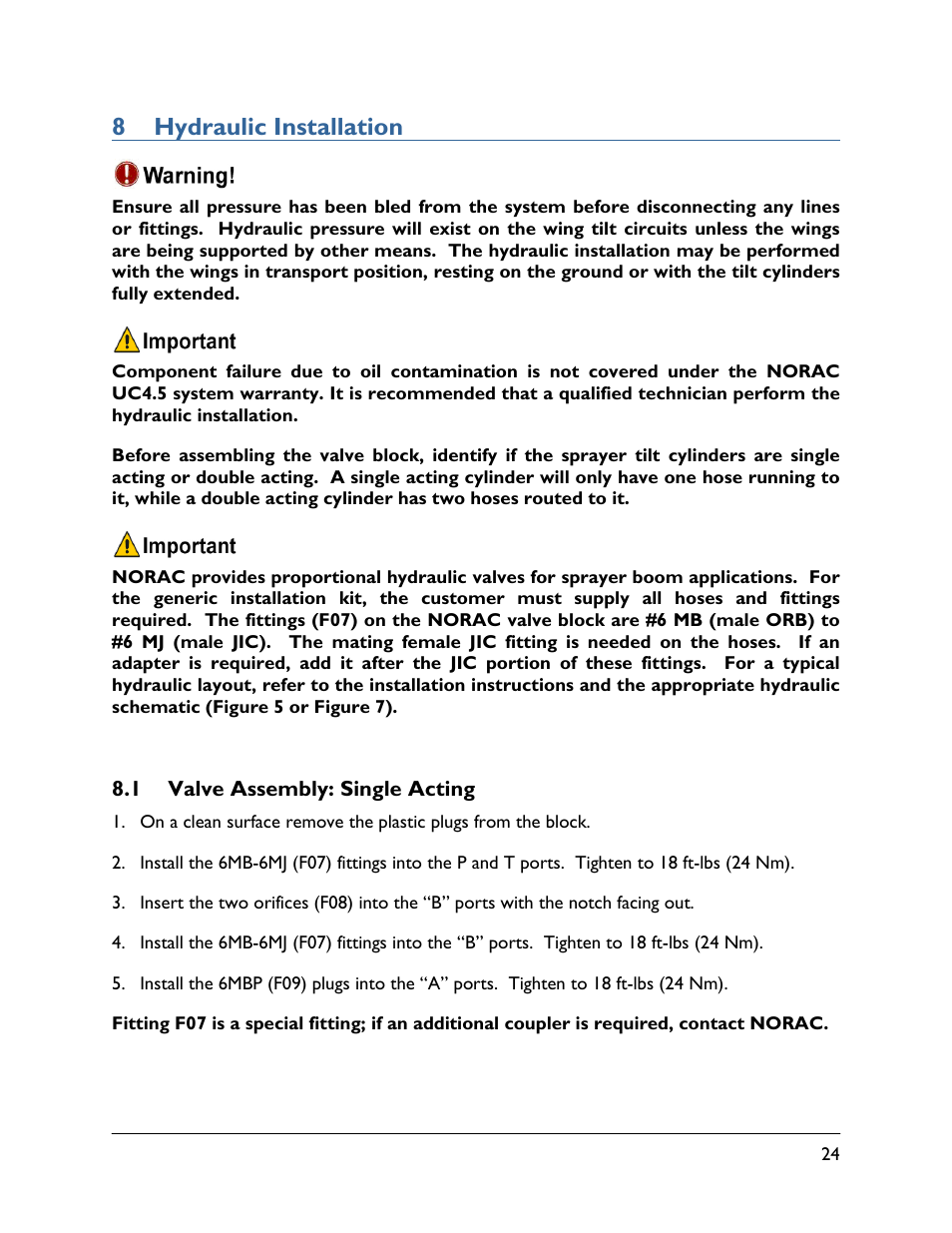 8 hydraulic installation, 1 valve assembly: single acting | NORAC UC4.5-BC-GN1 User Manual | Page 27 / 38