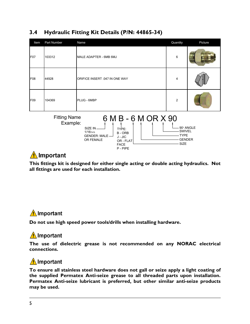4 hydraulic fitting kit details (p/n: 44865-34), 6 m b - 6 m or x 90 | NORAC UC4.5-BC-GN1 User Manual | Page 8 / 38