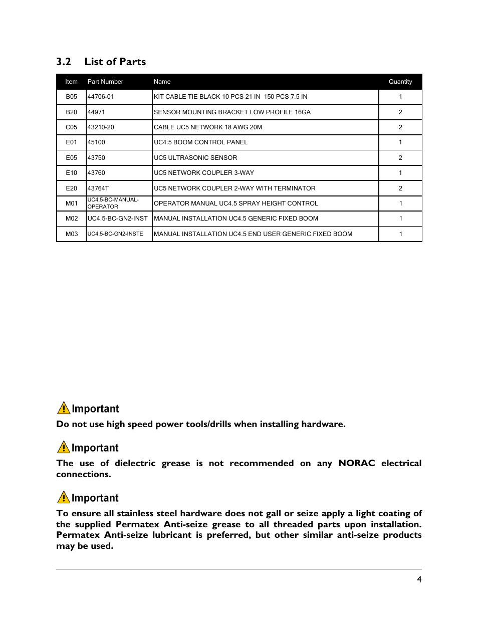 2 list of parts | NORAC UC4.5-BC-GN2 Part 1 User Manual | Page 7 / 20