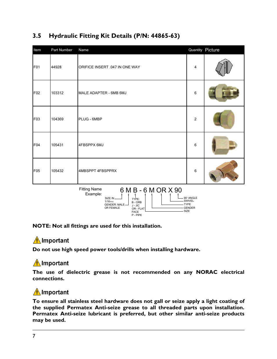 5 hydraulic fitting kit details (p/n: 44865-63), 6 m b - 6 m or x 90 | NORAC UC4.5-BC-HD1 User Manual | Page 10 / 32