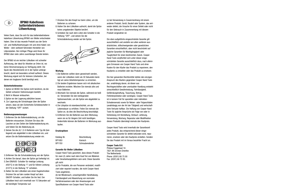 Bp860 kabelloses batteriebetriebenes lötwerkzeug | Cooper Bussmann CORDLESS BATTERY POWERED BP860 User Manual | Page 2 / 9