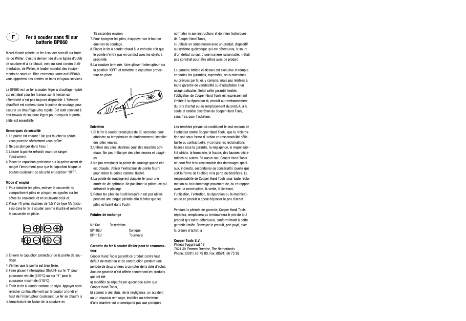 Fer à souder sans fil sur batterie bp860 | Cooper Bussmann CORDLESS BATTERY POWERED BP860 User Manual | Page 3 / 9