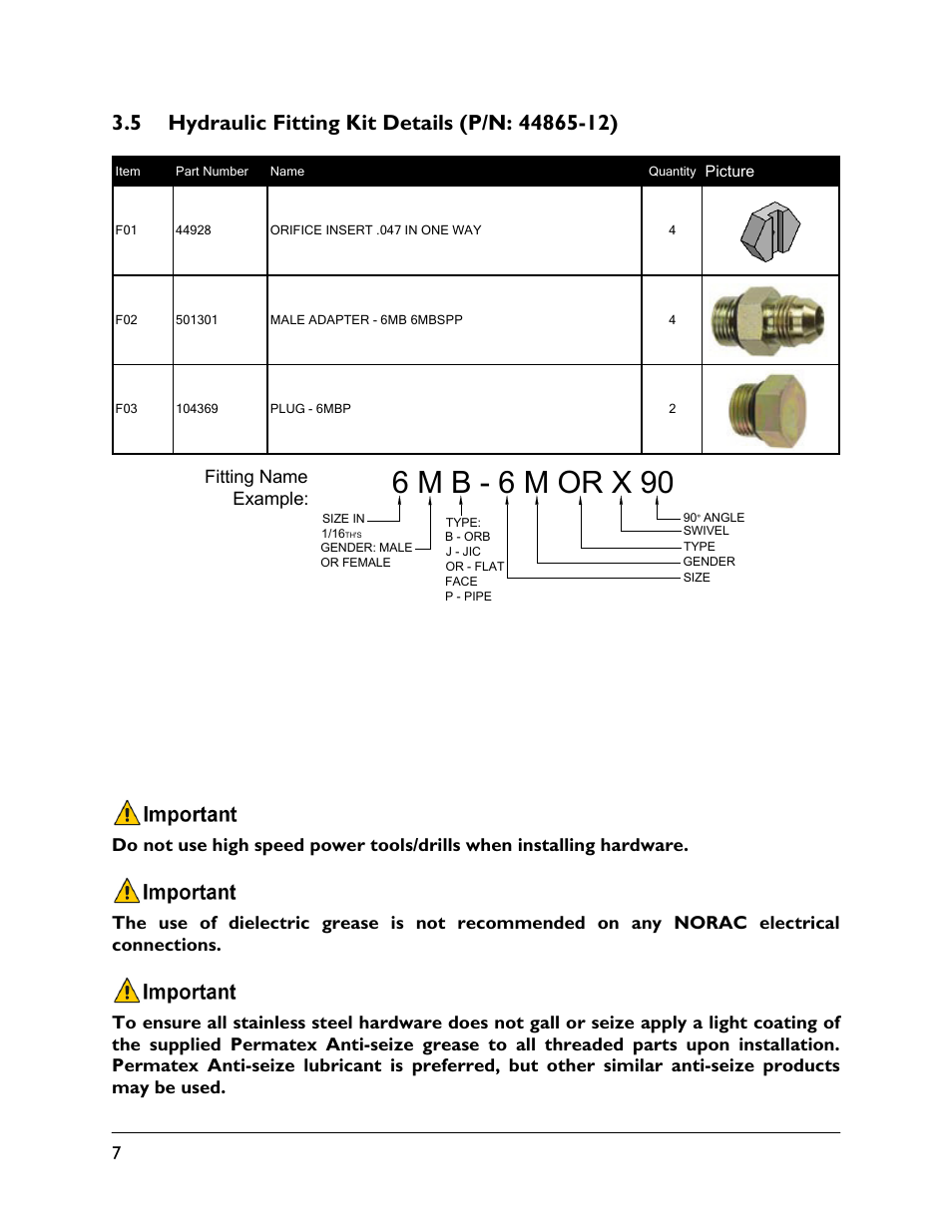 5 hydraulic fitting kit details (p/n: 44865-12), 6 m b - 6 m or x 90 | NORAC UC4.5-BC-HD3 Part 1 User Manual | Page 10 / 36