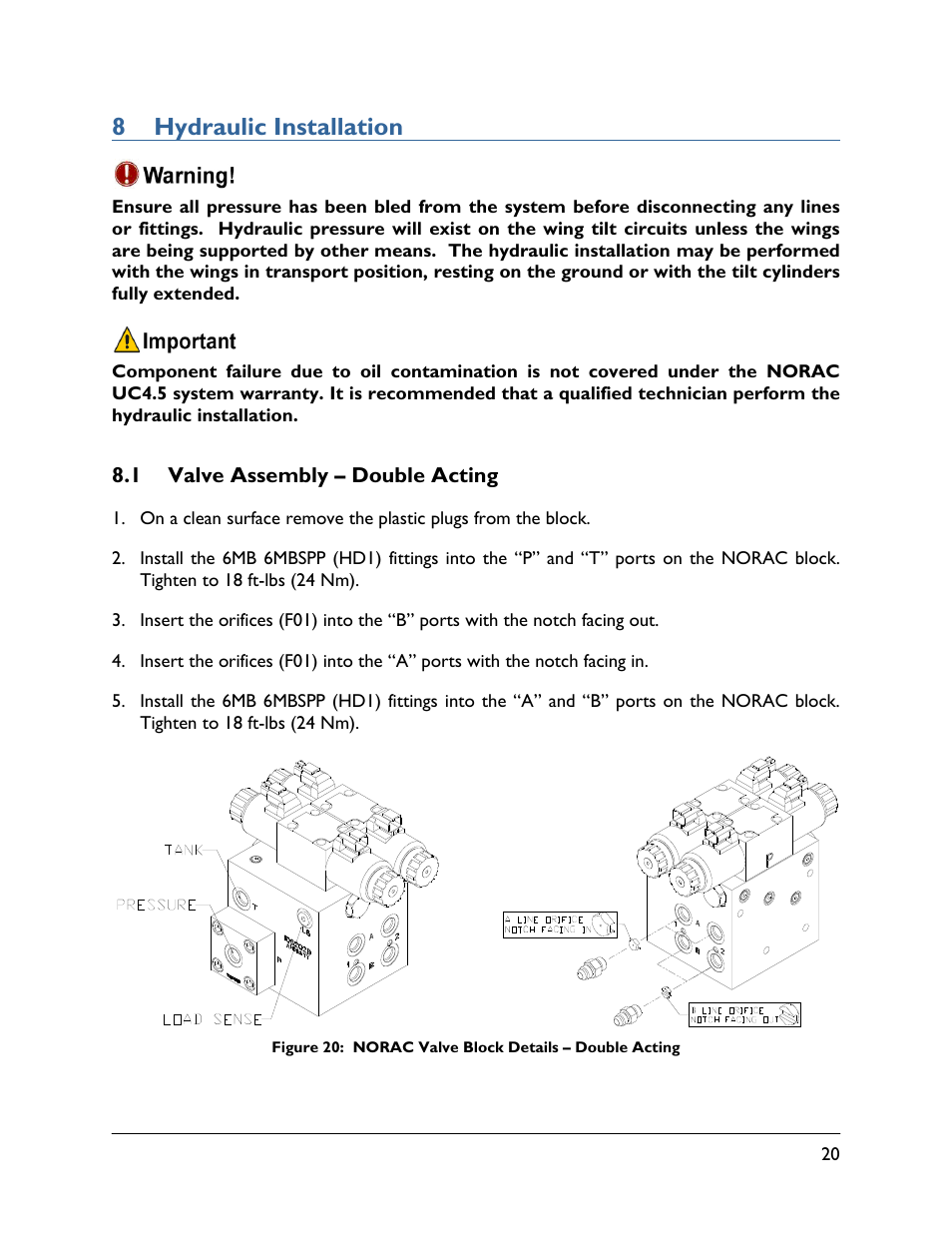 8 hydraulic installation, 1 valve assembly – double acting | NORAC UC4.5-BC-HD3 Part 1 User Manual | Page 23 / 36