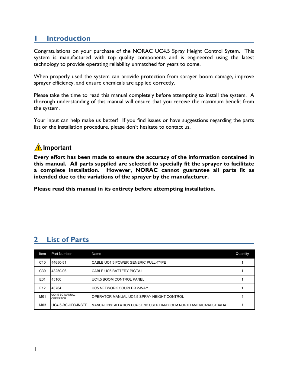 1 introduction, 2 list of parts | NORAC UC4.5-BC-HD3 Part 2 User Manual | Page 4 / 7