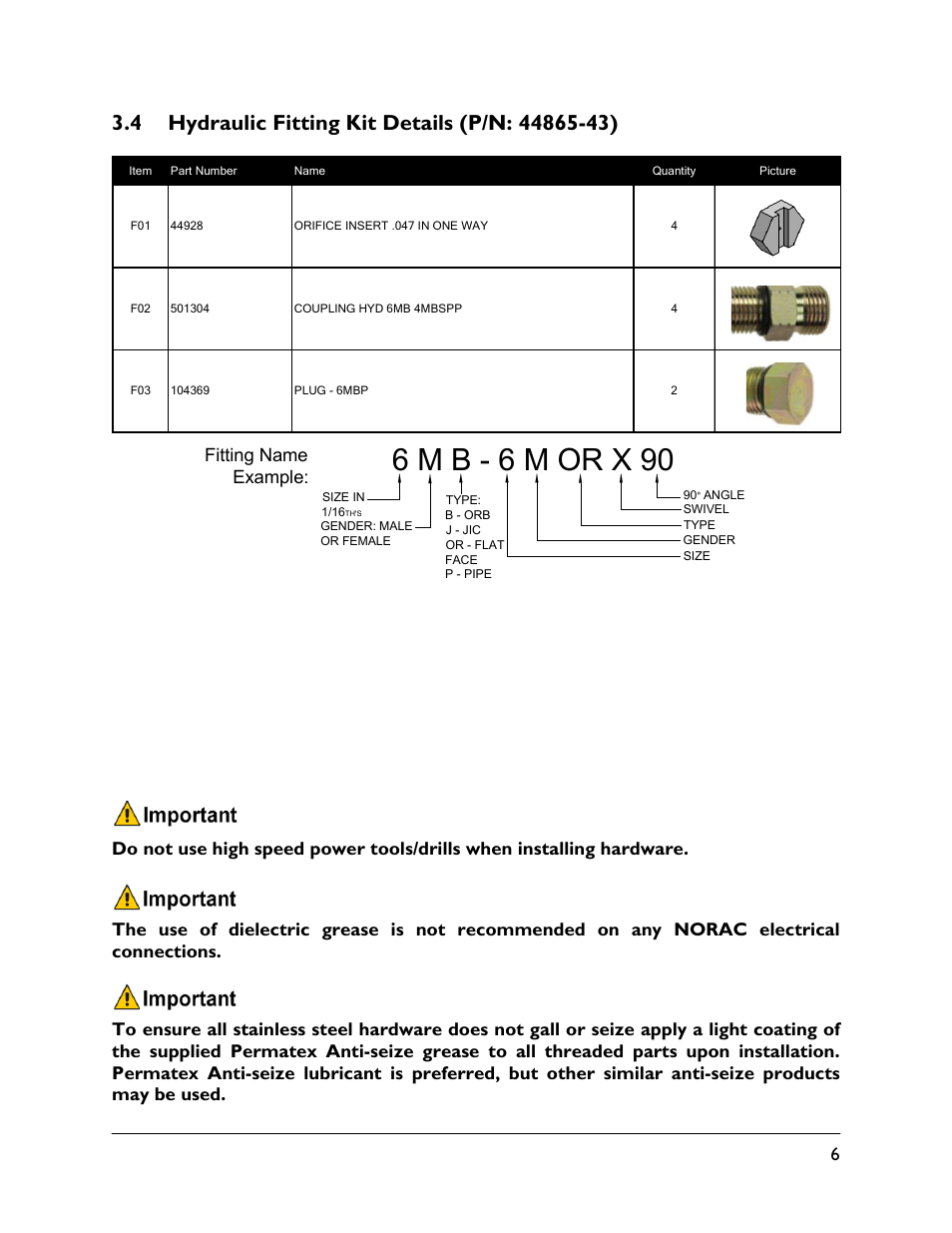 4 hydraulic fitting kit details (p/n: 44865-43), 6 m b - 6 m or x 90 | NORAC UC4.5-BC-HD4 Part 1 User Manual | Page 9 / 45